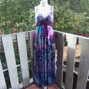 Y2K Paisley Boho Beaded Long Satin Babydoll Maxi Formal Dres